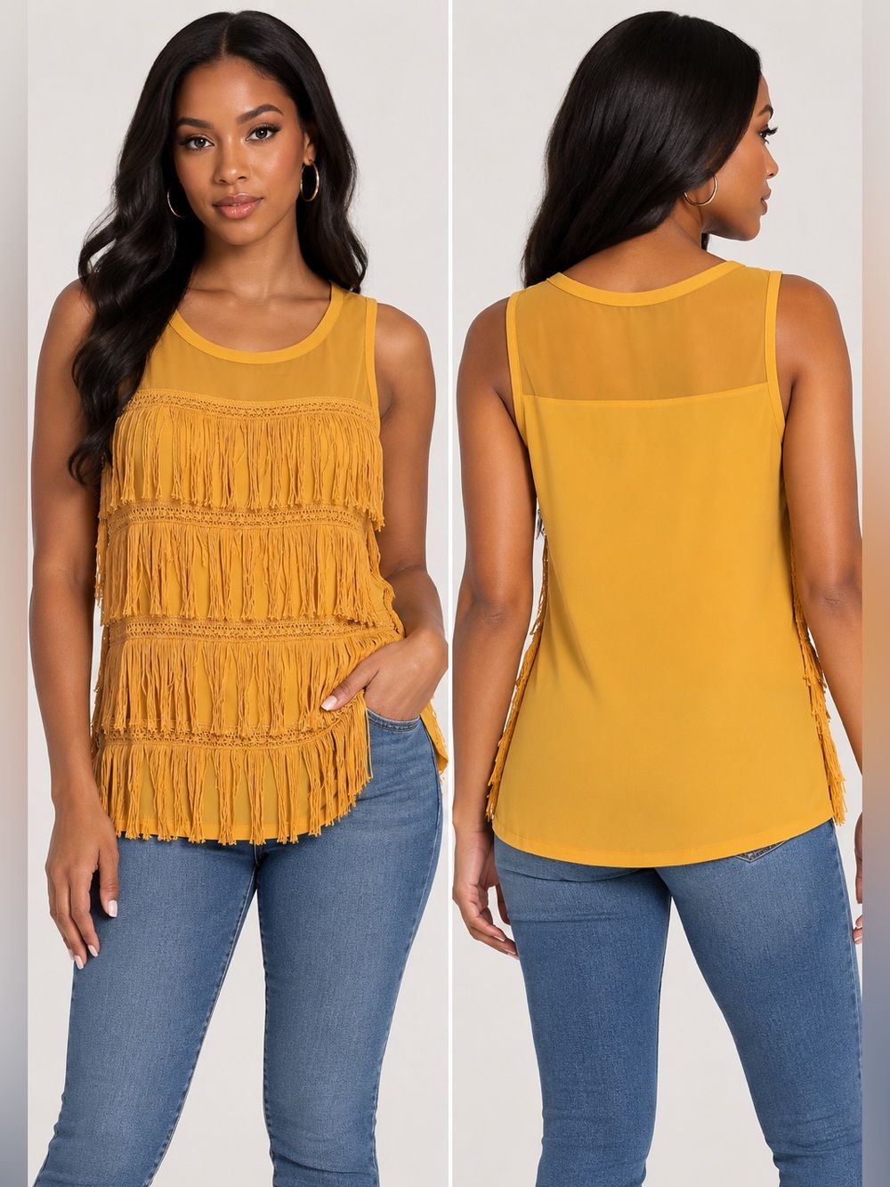 New York & Company Mustard Fringe Sleeveless Tank